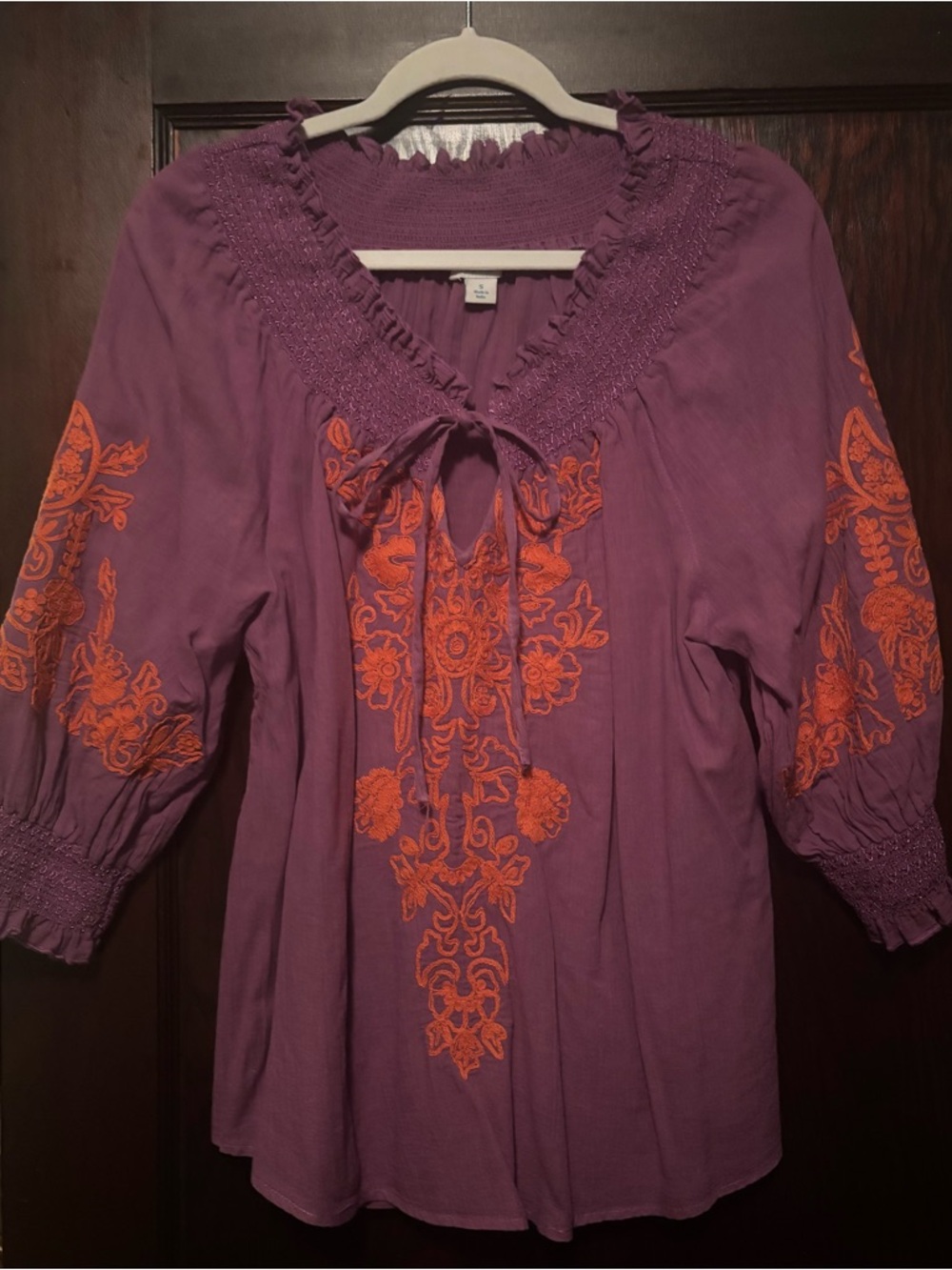 Sundance Purple Embroidered Peasant Top with Orange embroidered Detail